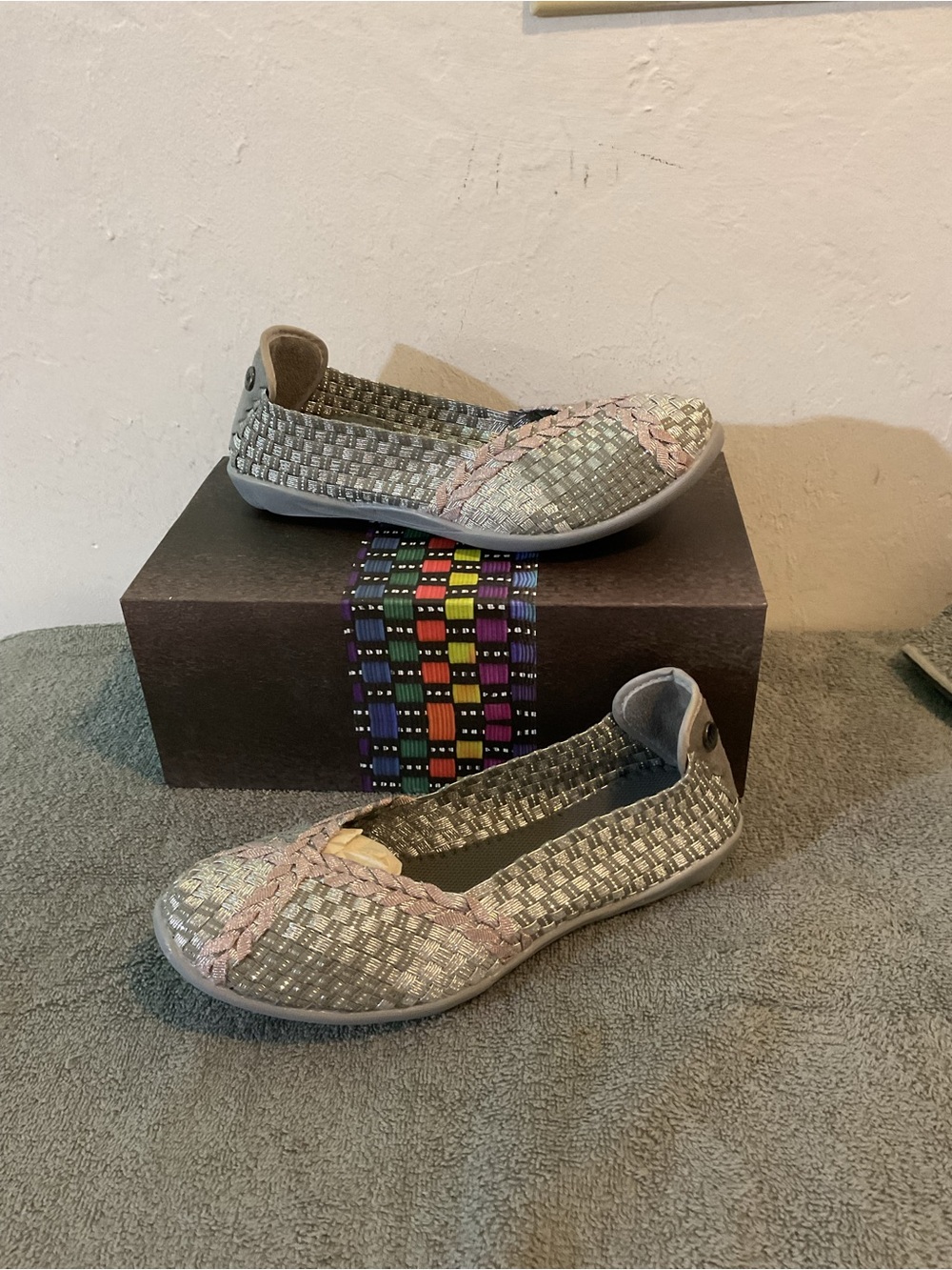 bernie mev. Metallic Silver Woven Flats with Pink Braid
